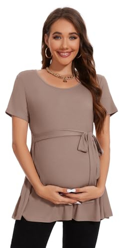 Smallshow Ropa de Mujer Embarazada Manga Corta Side Split Tops Maternidad,Brown,L