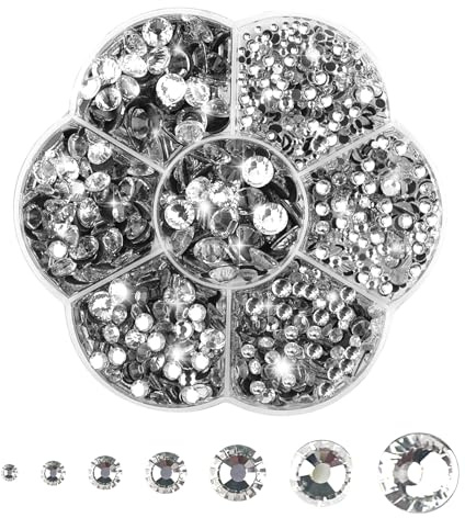 3060PCS Hotfix Strasssteine, Glitzersteine für Textilien 7 Größen 2mm-8.6mm | Kristallsteine zum Basteln Kleben, Rhinestones für Nagel Kunst Kleidung DIY Handwerk, Weiß