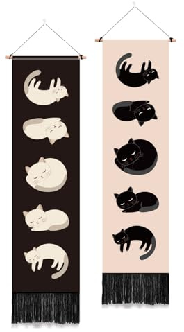 PLIGREAT 2er Pack Mondphasen Wandteppich Cartoon Katze Wandbehang mit Quasten Niedliche Wandbehang für Schlafzimmer Badezimmer Wohnzimmer Wohnheim Zimmer Lange schmale Wandbehang Home Art Decor