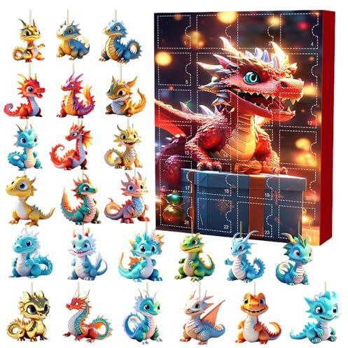 Weihnachtsbaum Dinosaurier Anhänger, Adventskalender 2024, 24-Tage-Weihnachts-Countdown-Kalender für Drachen Figur, 2D Acryl Drachen-Hängeanhänger, Weihnachtsbaumschmuck (4-Black, One Size)