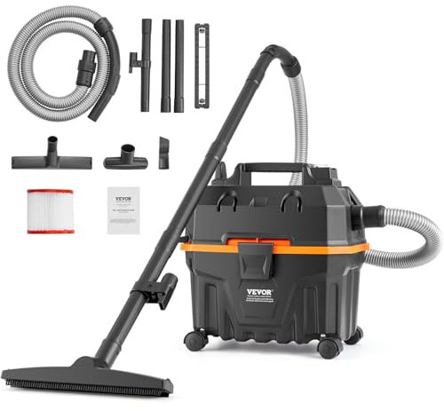 VEVOR Aspirateur eau et poussière 15 L, aspirateur d'atelier sec humide portable léger, 5 CV max, aspiration et soufflerie efficaces avec buse, roulettes, pour tapis, débris, poils d'animaux, noir