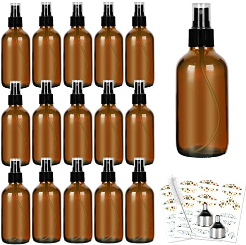 HYCKee Botellas de vidrio ámbar con pulverizadores de niebla fina, 120 ml, 16 botellas de viaje de vidrio con pipeta, recargables para aceites esenciales cosméticos, soluciones de limpieza, perfumes y