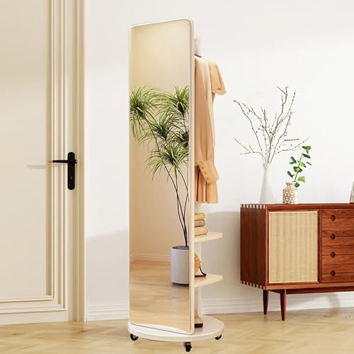 Generico Specchio Autoportante A Figura Intera con ruote, Specchio A Figura Intera In Legno Massello con Appendiabiti, Specchio Da Pavimento 2 In 1 e Appendiabiti Per Camera Da Letto (White)