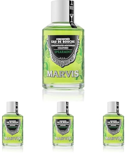 Marvis Enjuague bucal concentrado menta verde, 120 ml, colutorio sin alcohol para un aliento fresco, reduce la acumulación de placa y cuida las encías (Paquete de 4)