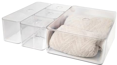 Spetebo Badezimmer Organizer transparent mit Deckel - 5er Set - Aufbewahrungs Boxen aus Kunststoff in 3 Größen - Mehrzweck Ordnungssystem Kästchen für Utensilien aus Küche Büro Schlafzimmer