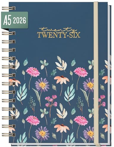 Häfft® Internationell kalender 2026 A5 Flying Flowers med spiralbindning på språken: EN/FR/IT/ES - personlig organiserare, timer, ringkalender, livsplanerare - hållbar & klimatvänlig