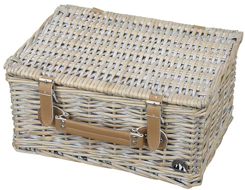 cilio Picknickkorb Torino für 2 Personen, geflochtene Weide, grau | Picknick-Set für 2 Personen, komplett ausgestattet mit Besteck, Tellern, Gläsern, geflochtener Weide, tragbar