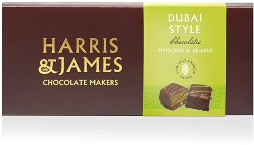 Harris & James Dubai Chocolate 12 Piece Selection Box. Handmade Luxury Chocolate From Bean To Bar. Dubai Style Pistachio & Knafeh Chocolates (180g)