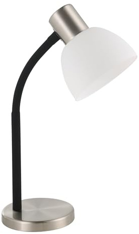 EGLO Tischlampe Macere, Tischleuchte für Büro und Schlafzimmer | Schreibtischlampe aus Metall in Silber und Glas in Weiß, Nachttischlampe mit E14 Fassung