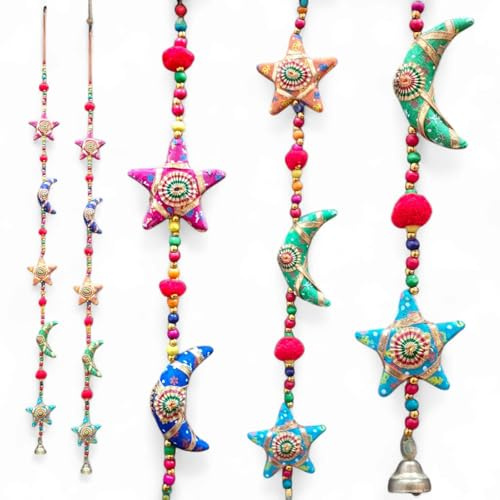 Luna e stella ornamento etnico Kalamkari multicolore fatto a mano porta appeso decorativo cinque corde insieme con perline e campana vento campana
