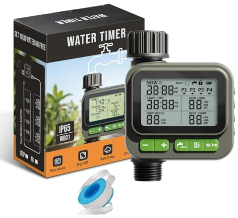 Bewässerungscomputer Garten, Automatische Bewässerungsuhr mit 4 Unabhängigen Programmen, Regenverzögerung & Manueller Modus, IP65 Wasserdicht, Großes LCD-Display, Kindersicherung für Rasen & Balkon