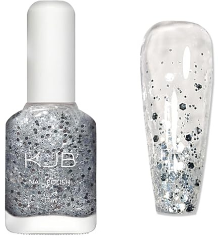 Clear Glitter Nail Polish - 12ml Silver Glitter Nail Varnish - 60 Seconds Sparkly nail polish Quick Dry - No Bake UV Shimmer Nail Varnish - Reflective nail polish Breathable No Chip Long Lasting