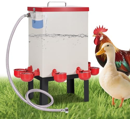 MUALROUS Bebedero Automático de Pollo de 12L Dispensador de Agua para Aves de Corral de Acero Inoxidable con Válvula de Flotador Manguera Tazas de Agua y Soporte Comedero de Agua para Patos Gansos