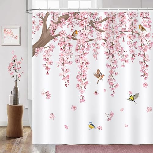 COZZSNUGE Duschvorhang 180 x 180 cm Rosa Blumen Kirschblüte, Japanische Sakura Vögel Duschvorhänge Anti-schimmel Wasserdicht Polyester Badvorhang mit 12 Duschvorhangringen