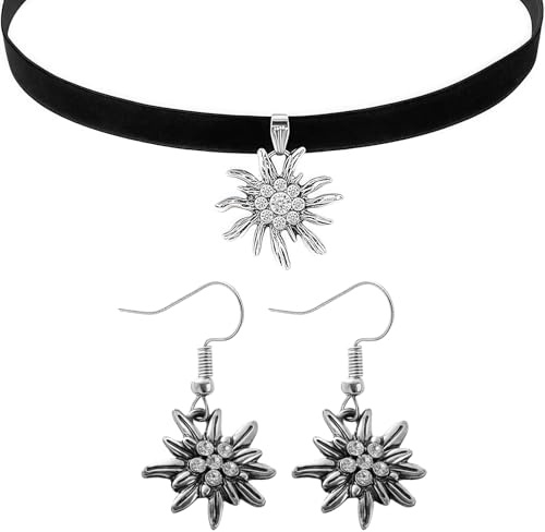 Yamobi Damen Trachtenschmuck Set, Edelweiß Halskette und Ohrstecker,Samt Kropfband Bayerisch Bierfest Dirndlschmuck Bayerischer Dirndl Accessoires für Oktoberfest
