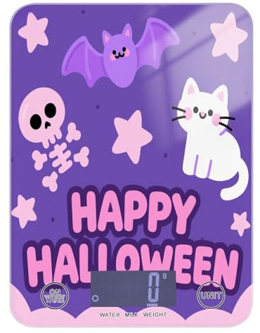 Piccola bilancia digitale portatile per alimenti, 5 kg/5 g, motivo: pipistrello di Halloween con simpatico gatto viola, piccola bilancia digitale da cucina con 4 unità per preparare i pasti espresso