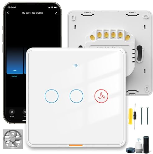 Acmerota Smart Swtich for Bathroom Extractor Fan WiFi Smart Light Switch 2 Gang 1 Way WiFi Touch Switch Wireless Switch (No Netural Require) Compatible with Echo & Google Home via Smart Life APP