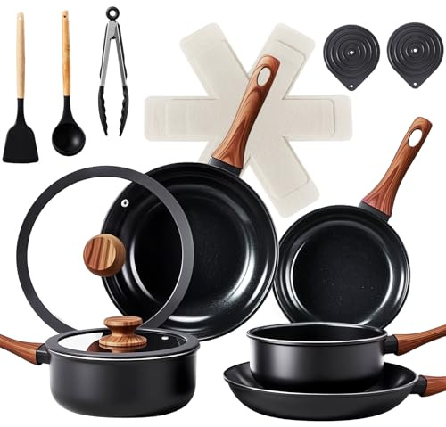 ROVSUN 17 Pcs Nonstick Pots and Pans Set, Cast Aluminum Kitchen Cookware Set, RV Kitchen Cooking Set and Utensils, Dishwasher Safe, PFAS PFOA & PFOS Free, Black