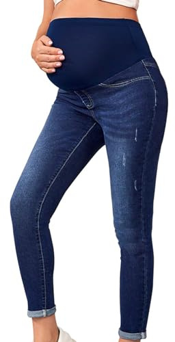 KBOPLEMQ Pantalones vaqueros de maternidad para mujer, ajustados, con banda elástica, vaqueros para embarazo, elásticos, cintura alta, pantalones vaqueros largos de maternidad, vaqueros destruidos