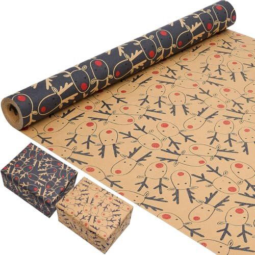 43 cm × 10 m Papel de regalo doble cara, papel kraft reciclable con diseño de alce para Navidad, cumpleaños y otras ocasiones festivas