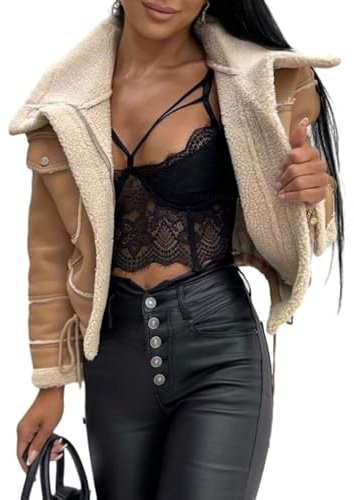 FUPODD Lederjacke Mit Fell Damen Kurz Wildleder Winterjacke Damen Warm Gefüttert Wintermantel Wildlederoptik Crop Mantel Motorrad Innenfutter Kunstleder Bikerjacke Fellkragen Teddyfleece Jacke Winter