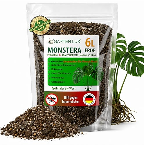 Garten Lux Monstera Tierra 6 L sin turba – 6 en 1 contra mosquitos de luto | sustrato aroid | tierra de coco, perlita, corteza de pino, biohummo, carbón de jardín + complejo secreto | drenaje rápido