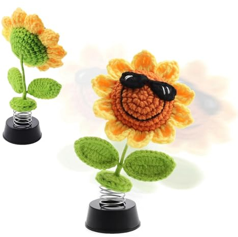 HECHKJ Wackelfigur Auto Sonnenblume – Handgehäkelte Auto Deko Innenraum, Wackelkopf Figur mit Feder, Autozubehör Innenraum Deko für Armaturenbrett, Büro & Geschenk