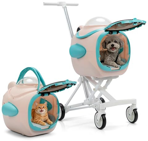 COZIWOW Pet Stroller with Temperature Display & Ventilation Fan, Foldable 4-Wheel Cat Dog Stroller with Anti-Irritation Privacy Barrier, Night Light, Detachable Car Seat Carrier for Small & Medium Pet