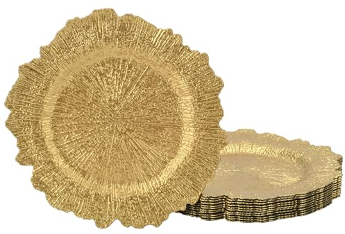LYHLYA 33 cm goldene Platzteller, rund, Riffmuster, Kunststoff, 12 Stück, für Speiseteller, Hochzeitsdekoration, Tischdekoration (unregelmäßig)