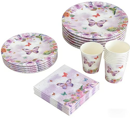 40 Unidades Platos y Servilletas de Papel Floral Mariposa, Vajilla Desechable para Fiestas, Accesorios de Merienda, Decoraciones de Cumpleaños, Para Bodas, Revelación de Género, Fiesta de Bebé