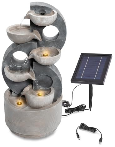 esotec Kaskadenbrunnen Solarbrunnen für draussen 49cm, Granit-Design, LED, USB, Pumpe, Akku, Solarmodul, Gartenbrunnen mit Wasserspiel, Springbrunnen solar für außen, Vogeltränke 101380