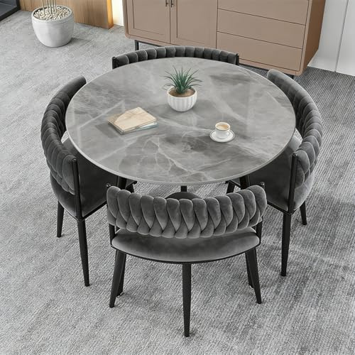 Runder Esstisch mit 4 Stühlen - Moderne 5-teiliges Esszimmer Set 90cm | Marmor - Optik Tischplatte und gepolsterten Samtstühlen, Essgruppe für Küche, Esszimmer und kleine Wohnungen Platzsparend