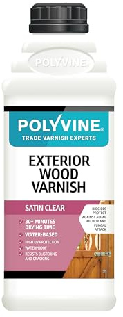 Polyvine Exterior Wood Varnish Satin Finish – Quick Drying, Water-Based, High UV Protection & Weather Resistant Clear Varnish for Outdoor Wood & Timber – No Blistering or Peeling, 1L