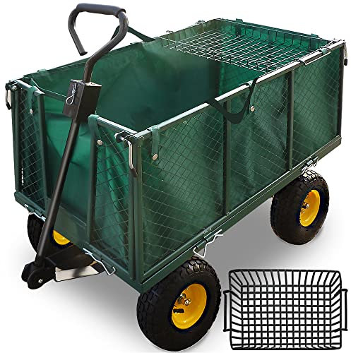 Gardebruk® XL Heavy Duty Metal 4 Wheel Garden Trolley with Pull Handle | 550kg Load Foldable Wagon With Removable Tarpaulin | Gardening Equipment Transport Handcart Beach Shopping | Green