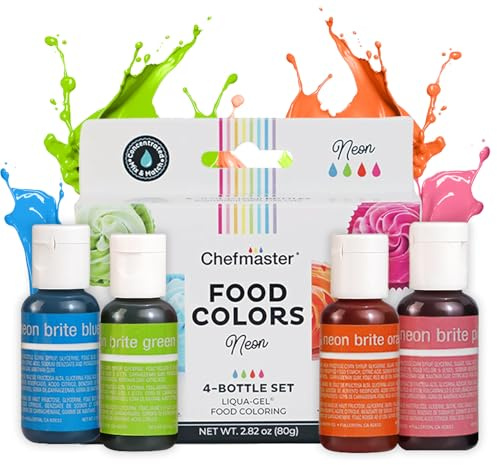 Chefmaster 4-Bottle Set of Neon Food Coloring, Liqua-Gel® Vibrant Colors, Professional-Grade Dye for Easter Eggs, Icing, Frosting, Fondant, & Batters, Fade-Resistant, Made in USA, 0.67 oz