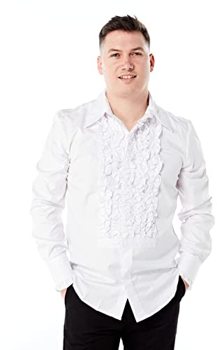 Zen Retro Camicia da Smoking da Uomo con Volant e Volant, Bianco, L