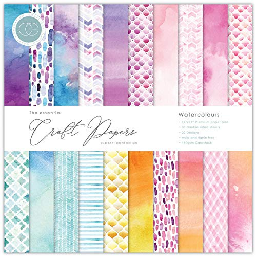 Craft Consortium Doppelseitiger Papierblock, 30,5 x 30,5 cm, Aquarellfarben, 20 Designs