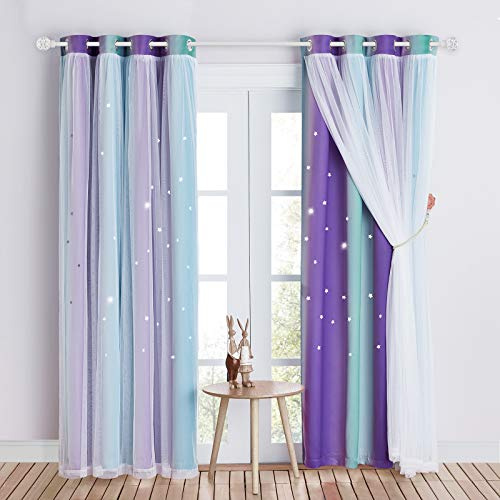NICETOWN Kinderzimmer Gardinen mit Hohlen Sternen und Voile Verdunkelungsvorhang 2 Stücke Kindervorhänge Junge Dekoration Curtains mit Ösen, H 213 x B 132 cm,Blau+Lila