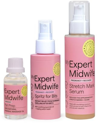 My Expert Midwife Pregnancy and Birth Essentials (Pack of 3) | Birth Preparation & Recovery, Relief Spray 100ml, Massage Oil 30ml & Stretch Mark Serum 150ml, Soothe & Hydrate, UK Made