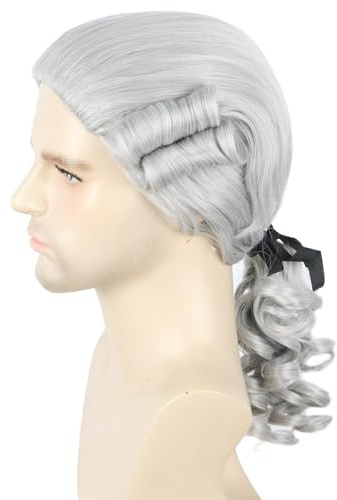 Topcosplay Herren Barock Perücke mit Zopf Blonde Richter Perücke Rokoko Lockig Marquis Perücken für Faschings Halloween (Grau)