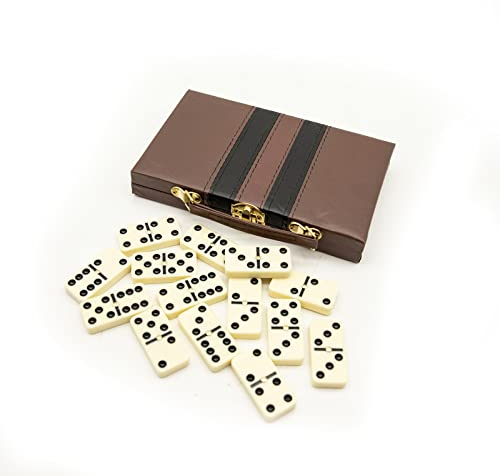 Various Domino Doppel 28 Chips Box Kunstleder Klassisches Tischset für Kinder und Erwachsene