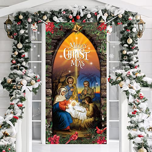 Tatuo Weihnachten Religiös Tür Banner Krippe zum Aufhängen, 70 x 35 Zoll | Religiöse Weihnachtsdekoration, Foto-Hintergrund, Für Haustür, Winter, Haus, Kirche, Outdoor-Party-Zubehör