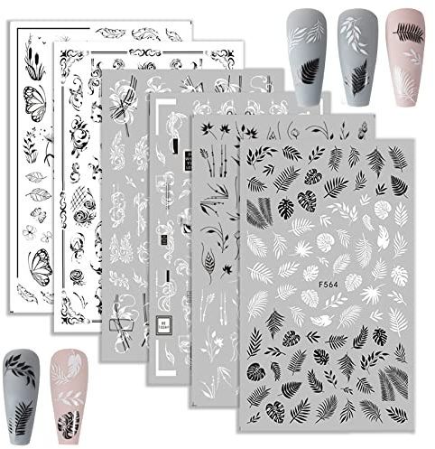 6 Blatt Nagelsticker Selbstklebend Blumen Schwarz Weiß Nagelaufkleber Blätter Geschenke Nagel Stickers Nagelfolien für DIY Nail Dekoration