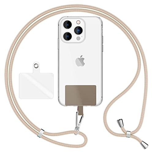 NALIA HoldMe Air Universal-Kette mit Pad, Band für Handy-Hülle zum Umhängen, Karabinerhaken aus Metall (silber), Schlüsselband Umhängeband 160 CM, Crossbody Lanyard mit Schlaufe, Farbe:Weiß Beige