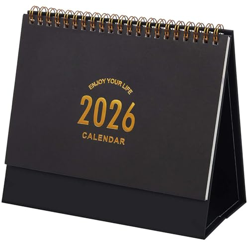Small Desk Calendar 2026-2027, Standing Flip Desktop Calendar from Now to June 2027 - Metal Ring Twin-Wire Binding Monthly Desktop Calendar for Home Office School (Black)