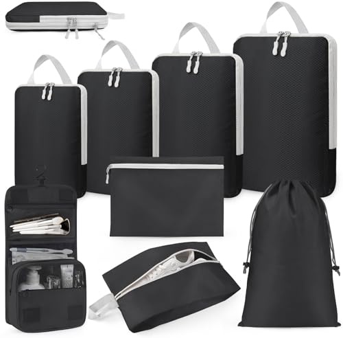 Anjing Compression Packing Cubes [8-teilig] - Koffer Organizer set, Packwürfel Kompressions Mehr Platz Sparen, Reise Organizer mit Schuhbeutel und Kosmetiktaschen, Schwarz