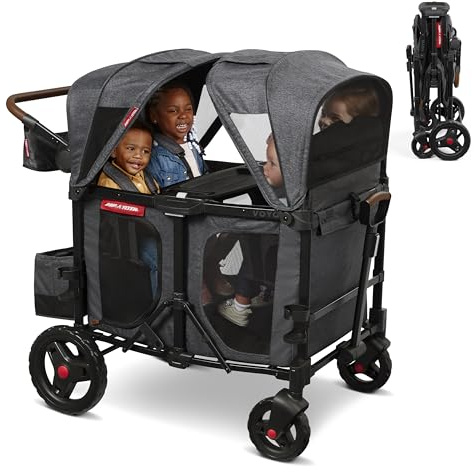 Radio Flyer Voya XT Quad Stroller Wagon, for Ages 6+ Months, Extra Tall Sides, Push or Pull, 4 Seats, Dual Sun Canopies, Compact Fold, Storage Space, 5-Point Harnesses, Stroller Wagon for Kids