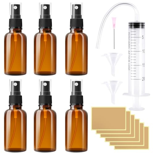 RYMALL 100 ml – 6 botellas de cristal con atomizador, pequeñas botellas rellenables de viaje, con 9 accesorios, botella de spray de aceite