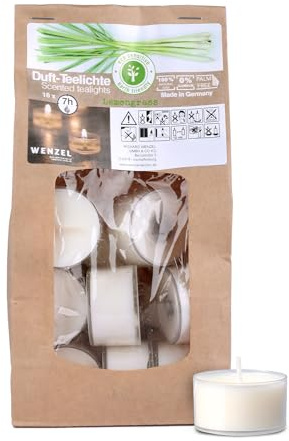 Wenzel Teelichter Duftkerze – 18 Duftteelichter Lemongrass Duft - 7 h Brenndauer - 100% Naturwachs, Palmölfrei, Ohne Alu – Raumduft & Deko-Kerzen für Zuhause, Bar, Restaurant, Outdoor, Events | aus 100% Naturwachs, Palmölfrei, Ohne Alu, Raumduft, Deko-Kerzen für Restaurant, Outdoor, Events, Geschenkidee