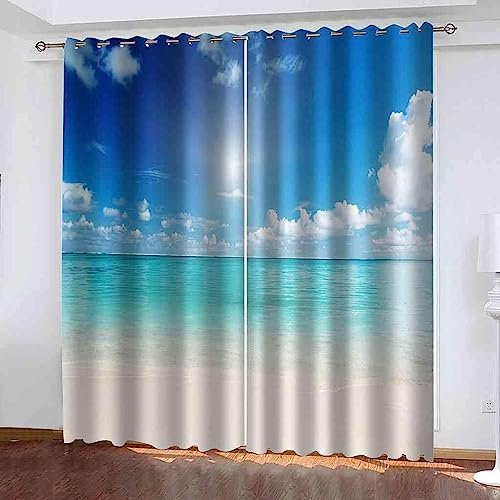Verdunkelungsvorhänge, Strand Meerblick Himmel X 2 3D Muster, Vorhang, 2Er-Set, Verdunkelungsvorhang, Blickdicht, Fenstervorhänge, Kinderzimmer, Sch